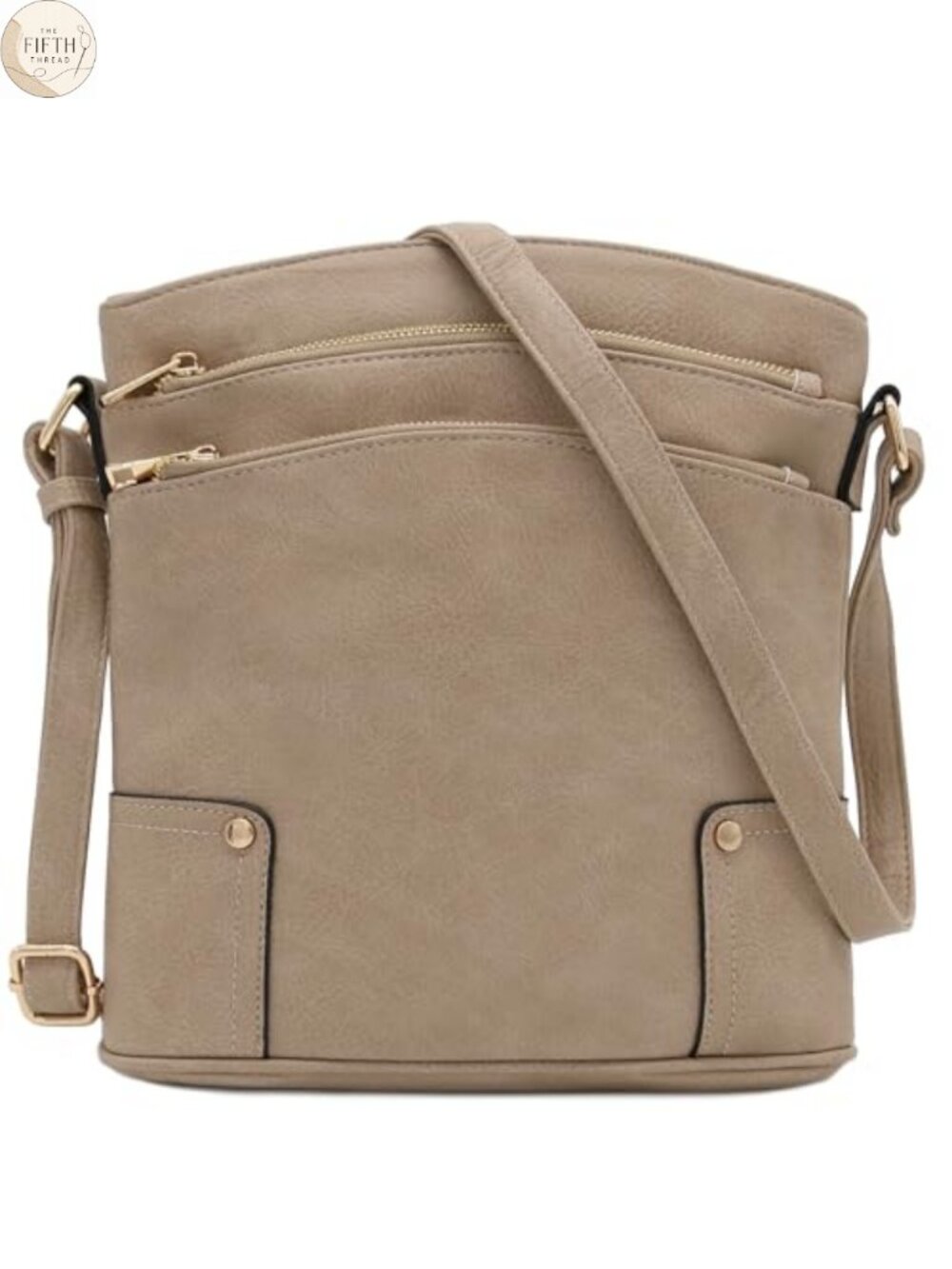 Triple Zip Pocket Large Crossbody Bag Faux Leather Adjustable Strap